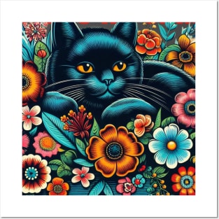 A black cat sitting in a basket  of bright flowers wondering about spring Posters and Art